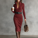 V-kivágású Slim Fit Midi Kötött Ruha