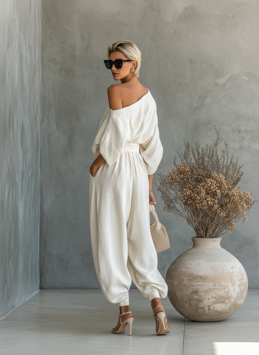 Off-Shoulder Linen Set with Pants