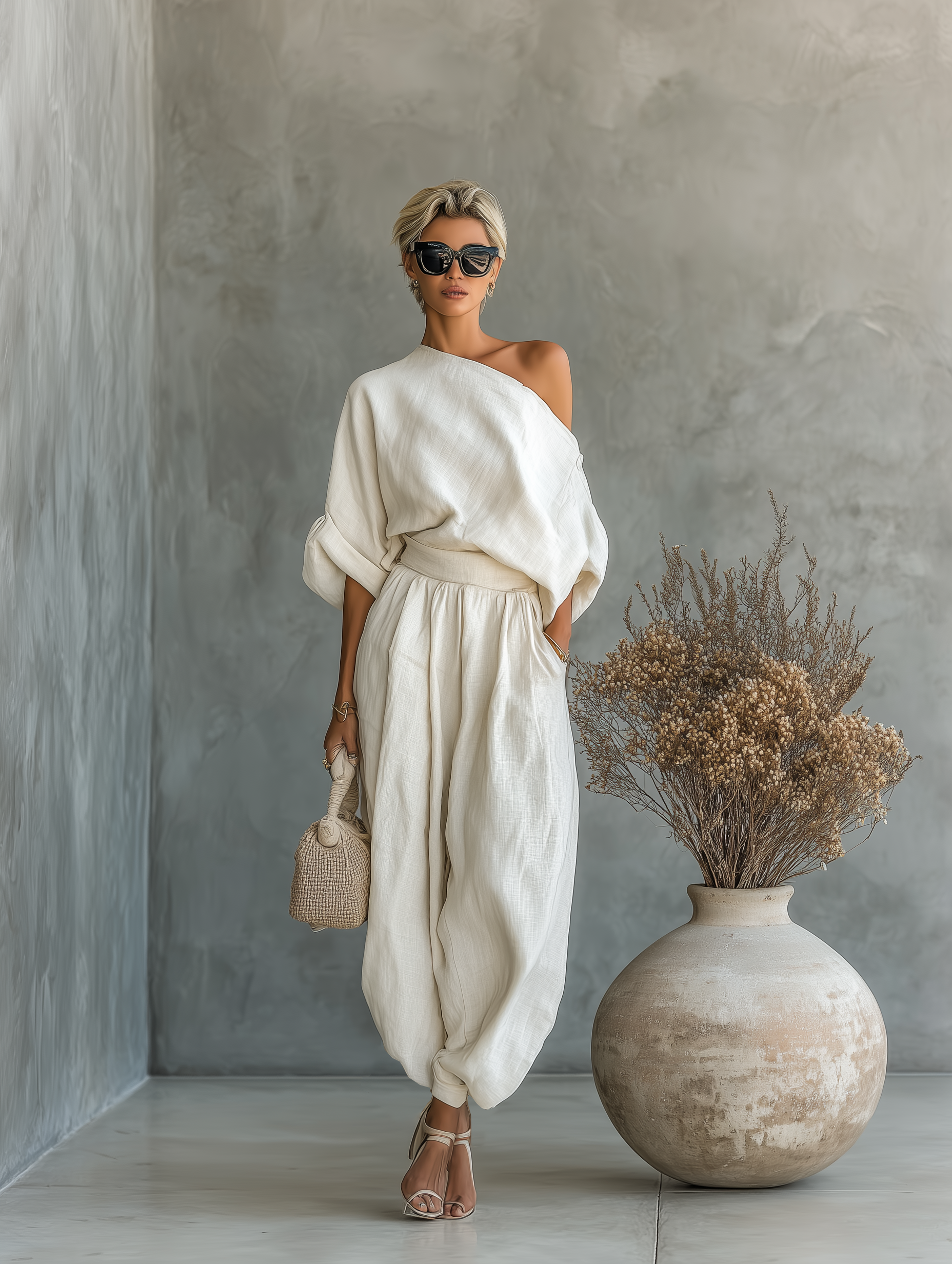 Off-Shoulder Linen Set with Pants